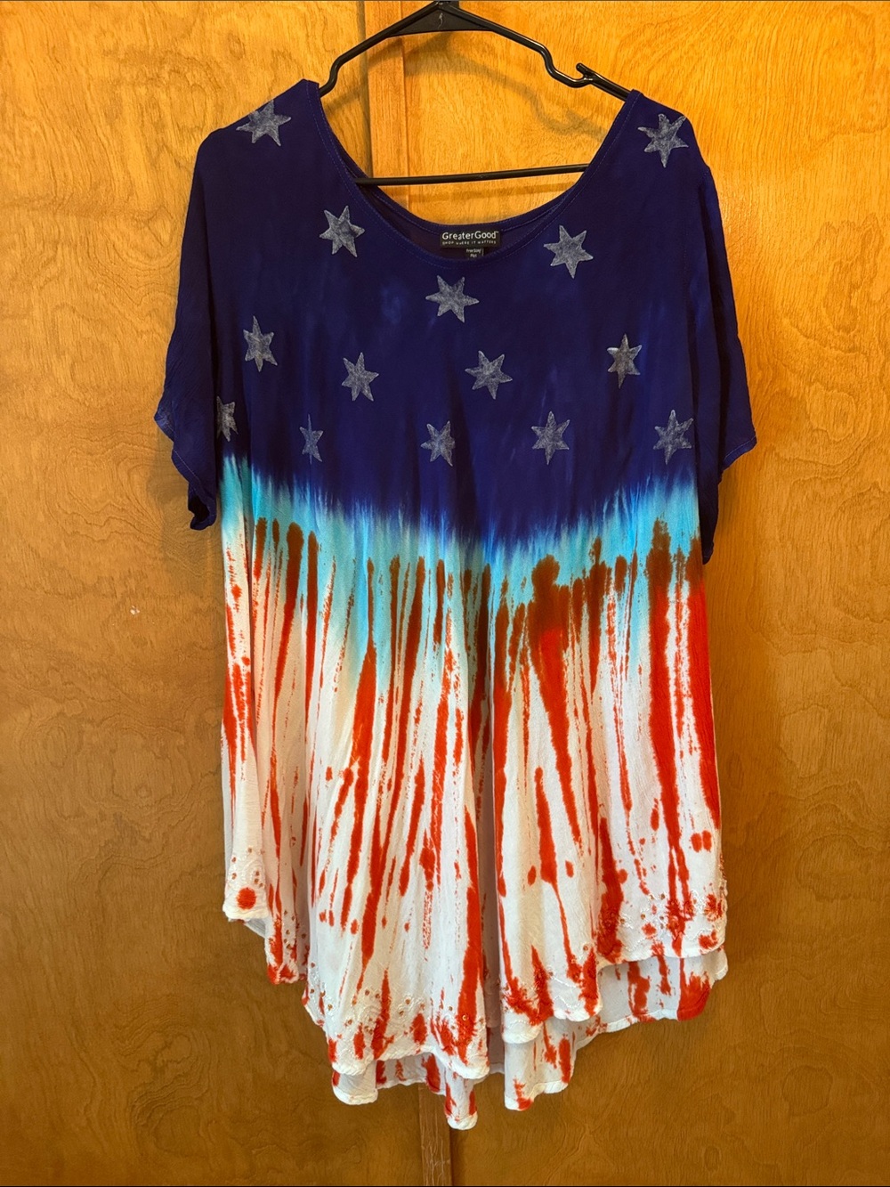 Greater Goods Women's Star Tie-Dye Tunic Top - Blue, Red & White